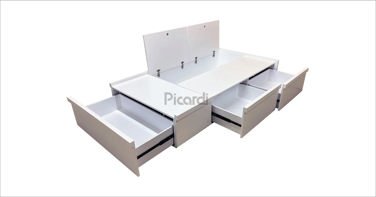 cama box con 3 cajones y bauleras de madera para colchón una plaza o plaza y media, vista en diagonal