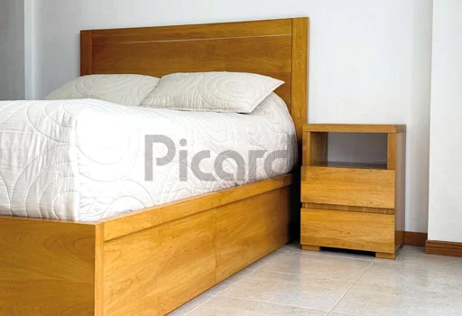 Cama box de 2 plazas con cajones, respaldo y mesa de luz para dormitorio moderno