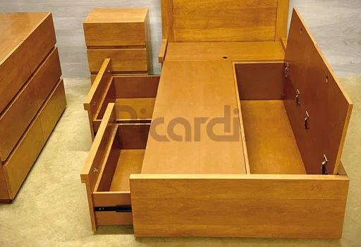 Cama box de una plaza con cajones, cómoda y mesa de luz para dormitorio juvenil